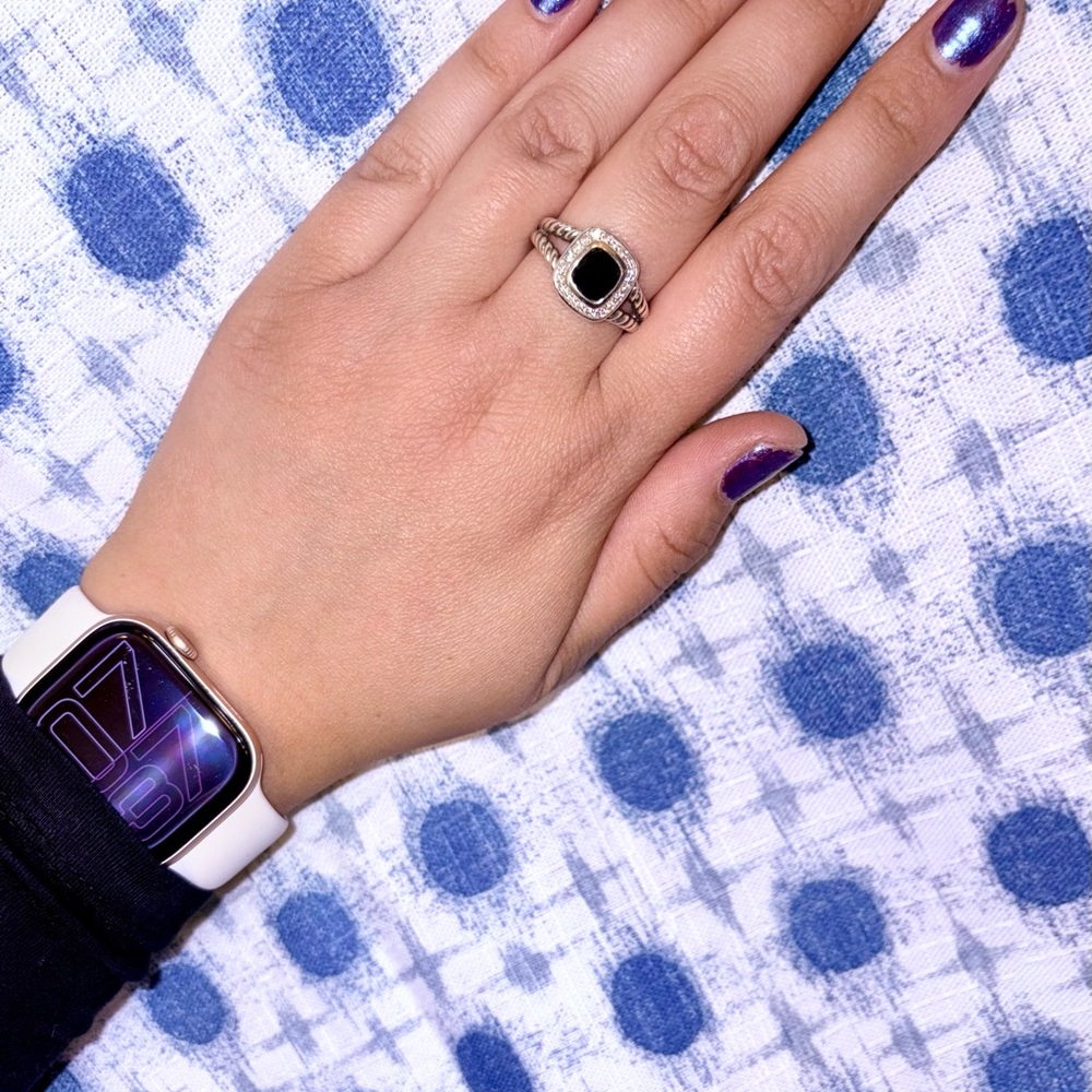 David Yurman petite Albion Ring in silver with black onyx and Diamonds, size 7